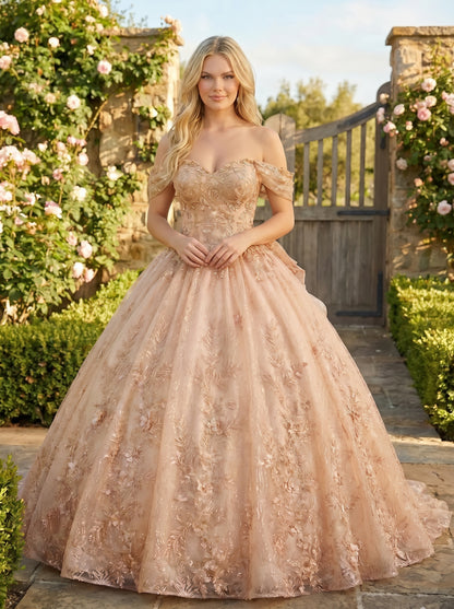 Charming Ball Gown cold shoulder Quinceañera Dress With Embroidery and Bow | Promspark