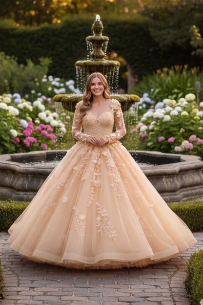 Charming Ball Gown Long Sleeve Quinceañera Dress With Floral Lace | Promspark