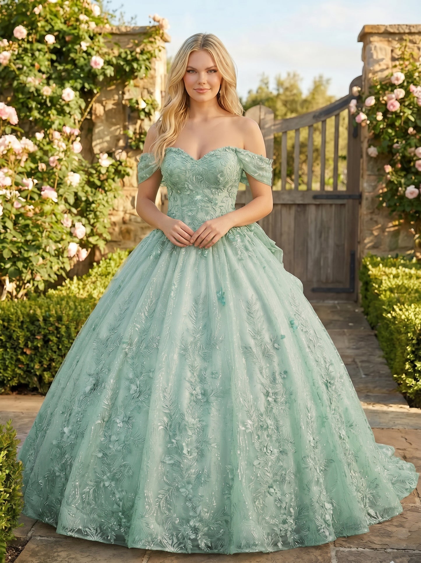 Charming Ball Gown cold shoulder Quinceañera Dress With Embroidery and Bow | Promspark