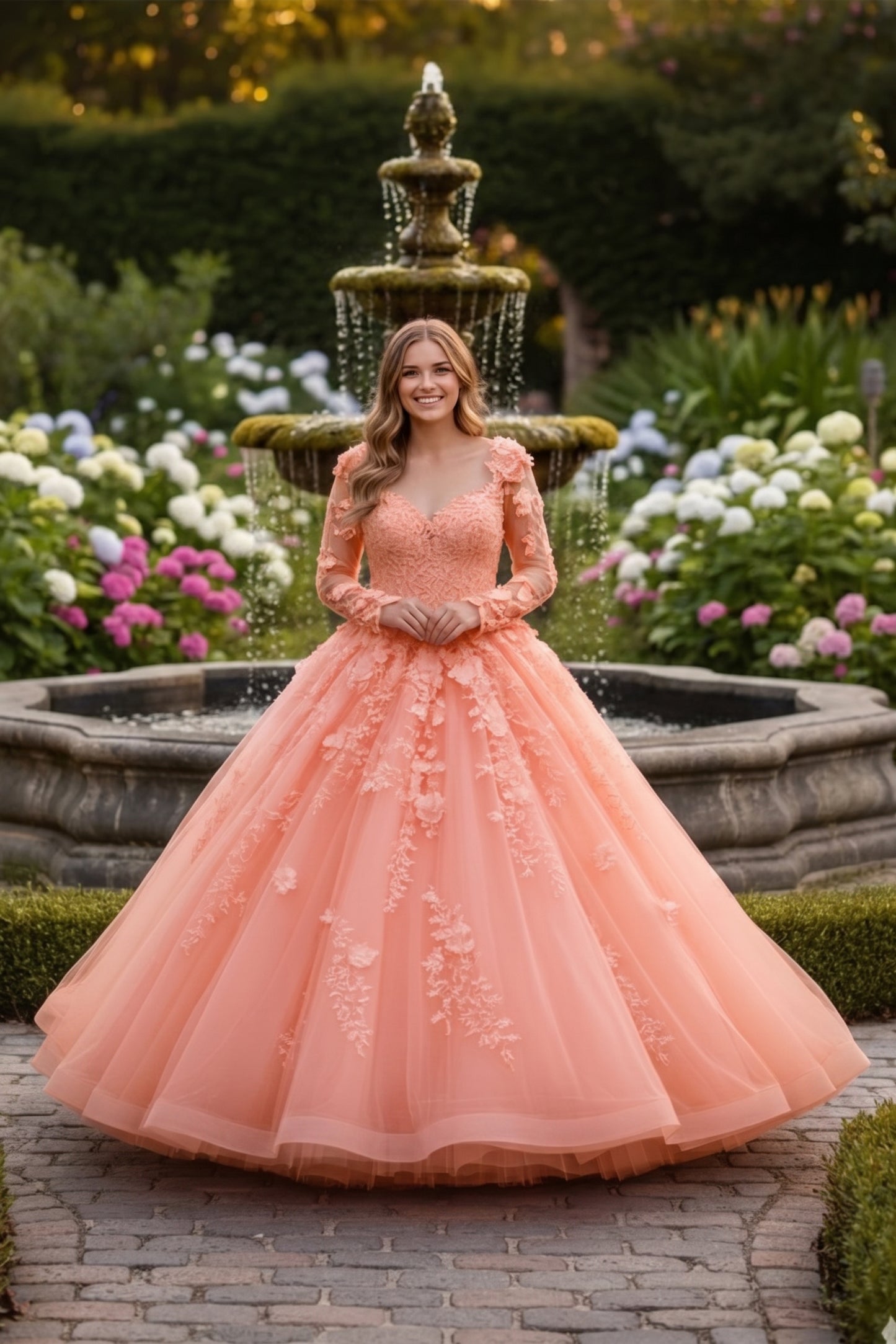 Charming Ball Gown Long Sleeve Quinceañera Dress With Floral Lace | Promspark