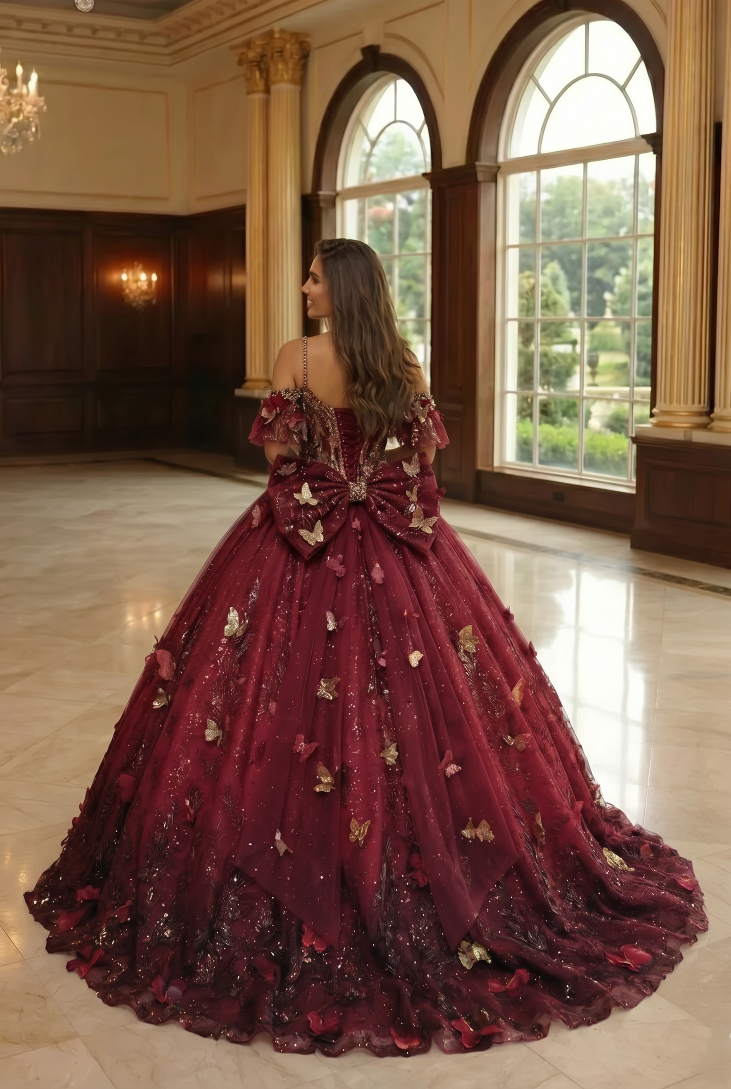 Charming Ball Gown V Neck Quinceañera Dress With  3D Butterfly and Embroidery | Promspark