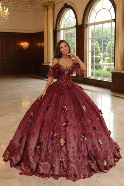 Charming Ball Gown V Neck Quinceañera Dress With  3D Butterfly and Embroidery | Promspark