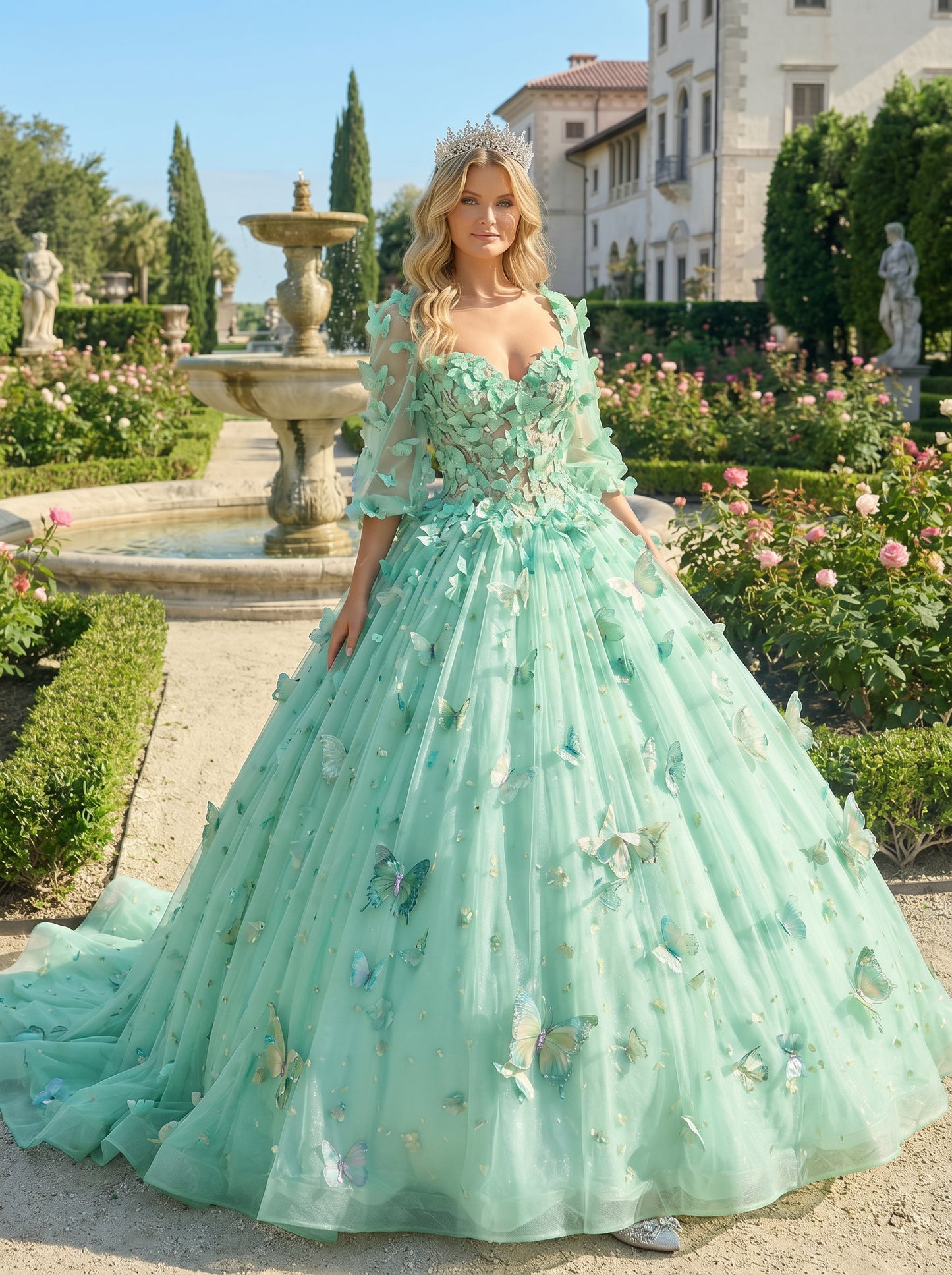 Charming Ball Gown Illusion Long Sleeves Quinceañera Dress With 3D Butterfly | Promspark