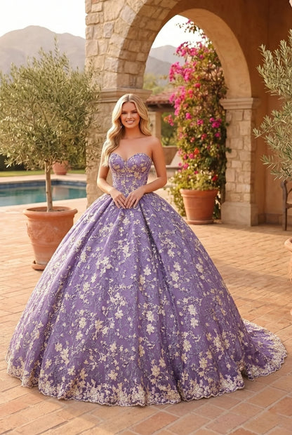 Charming Glitter Ball Gown Sleeveless Quinceañera Dress With Embroidery and Bow | Promspark