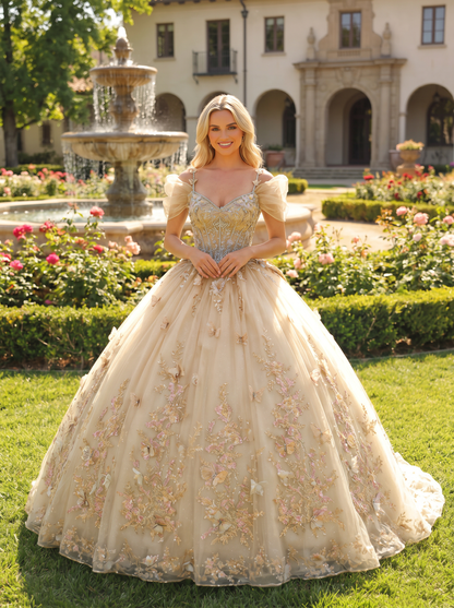 Elegant Ball Gown Cold Shoulder Quinceañera Dress With Floral Embroidery and 3D Butterfly | Promspark