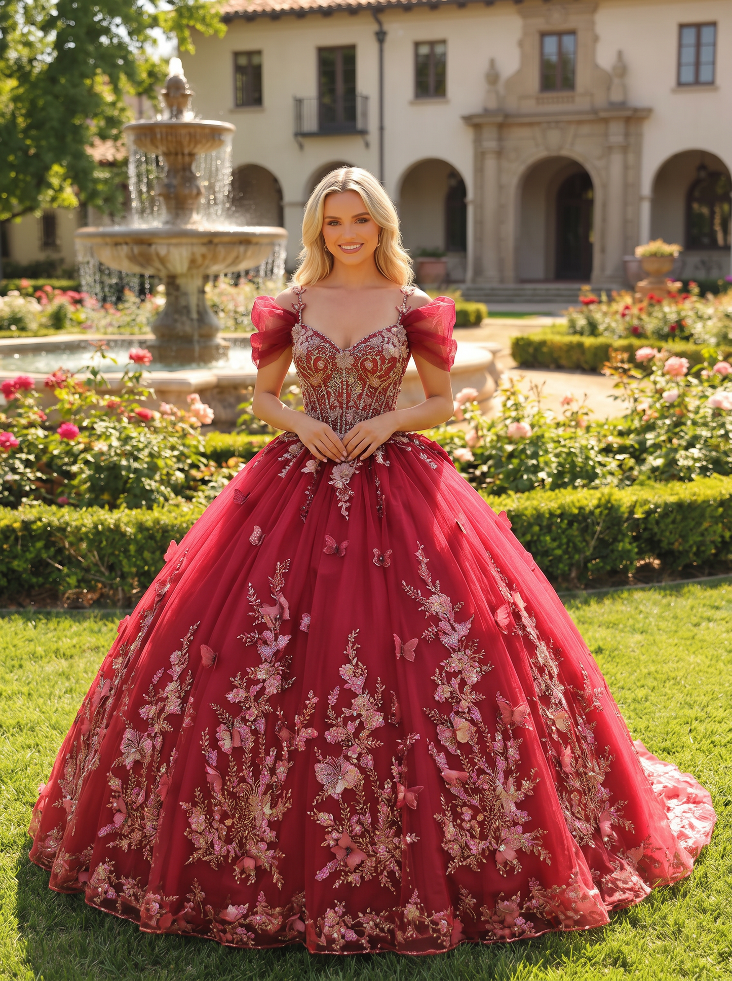Elegant Ball Gown Cold Shoulder Quinceañera Dress With Floral Embroidery and 3D Butterfly | Promspark