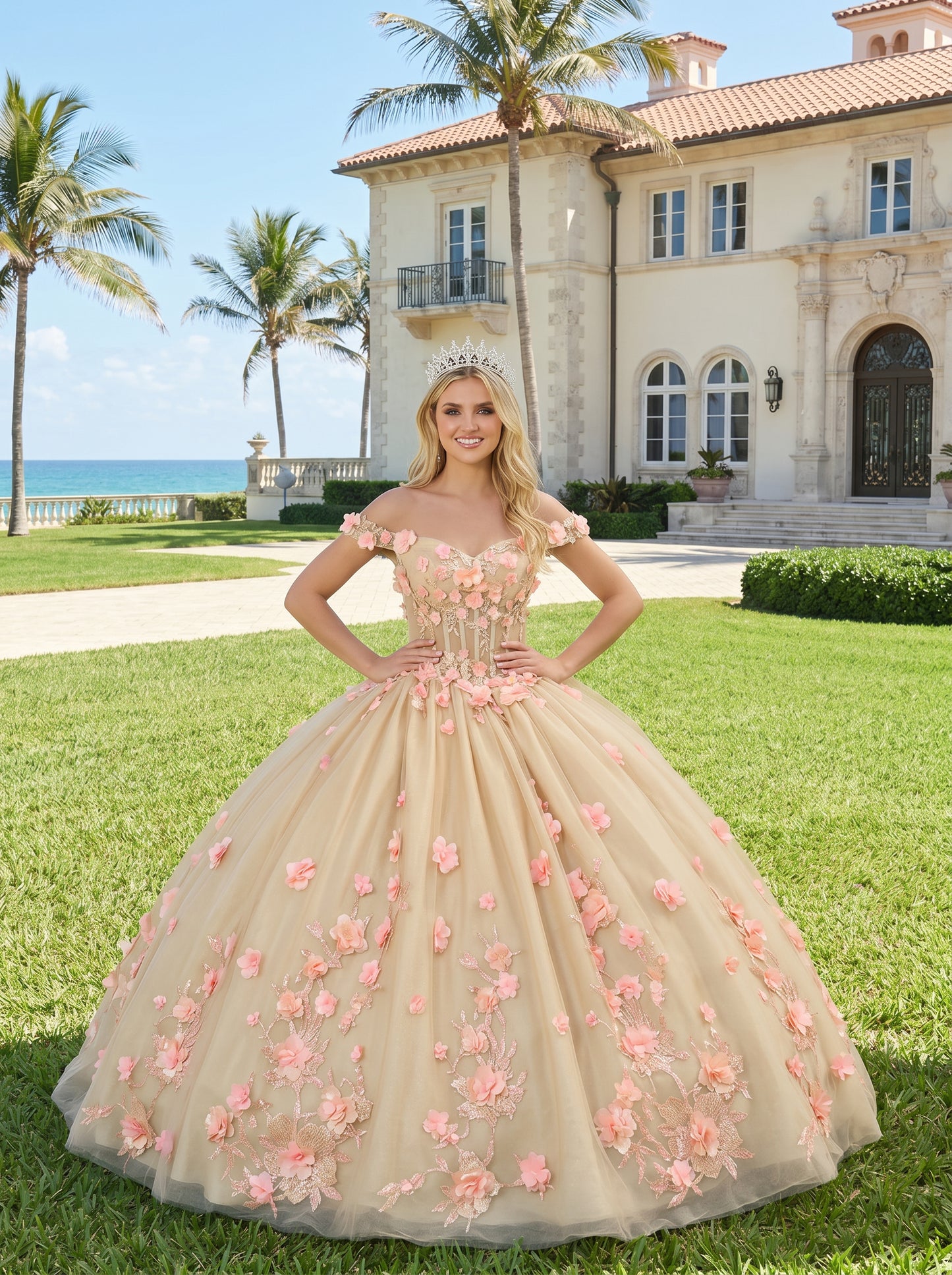 Charming Ball Gown Illusion Neck Quinceañera Dress With 3D Floral & Lace | Promspark