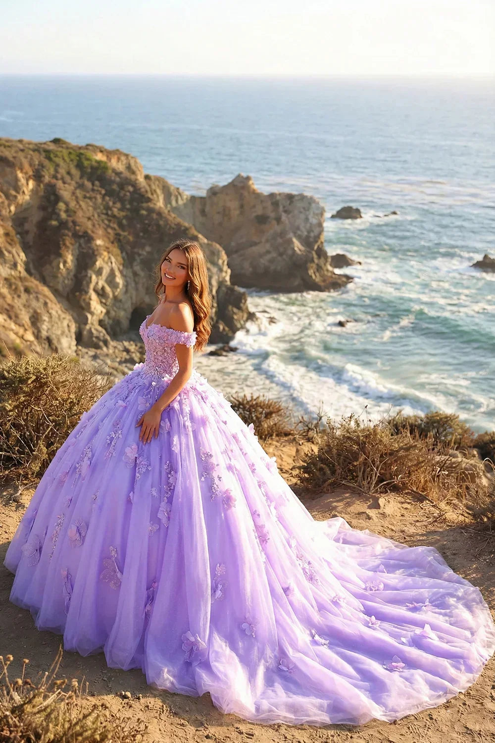 Amaris Charming Ball Gown Cold Shoulder Quinceañera Dress With 3D Floral & Lace in Purple, side view
