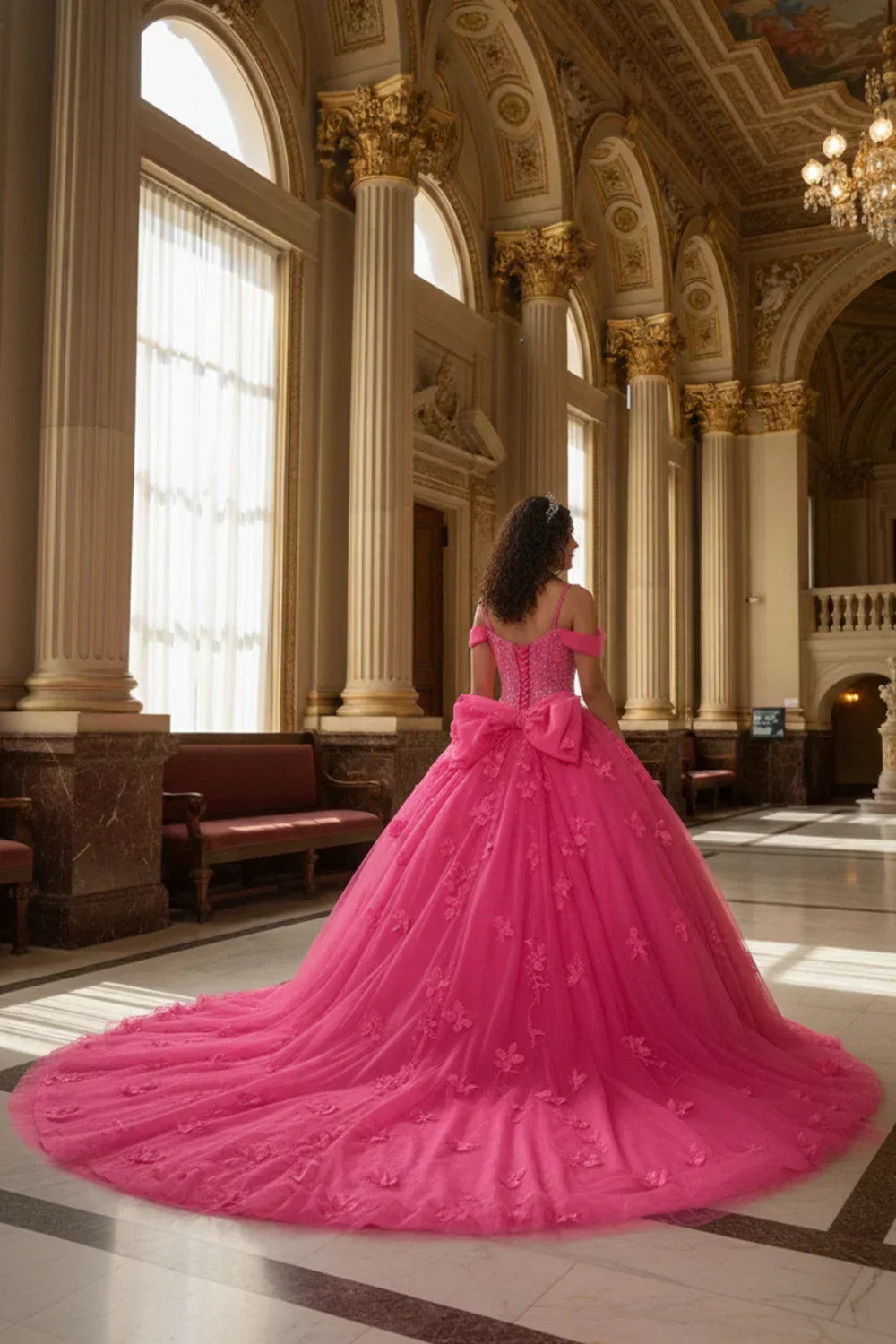 Claridad Charming Ball Gown Cold Shoulder Quinceañera Dress With 3D Floral and Lace in Hot Pink, back view