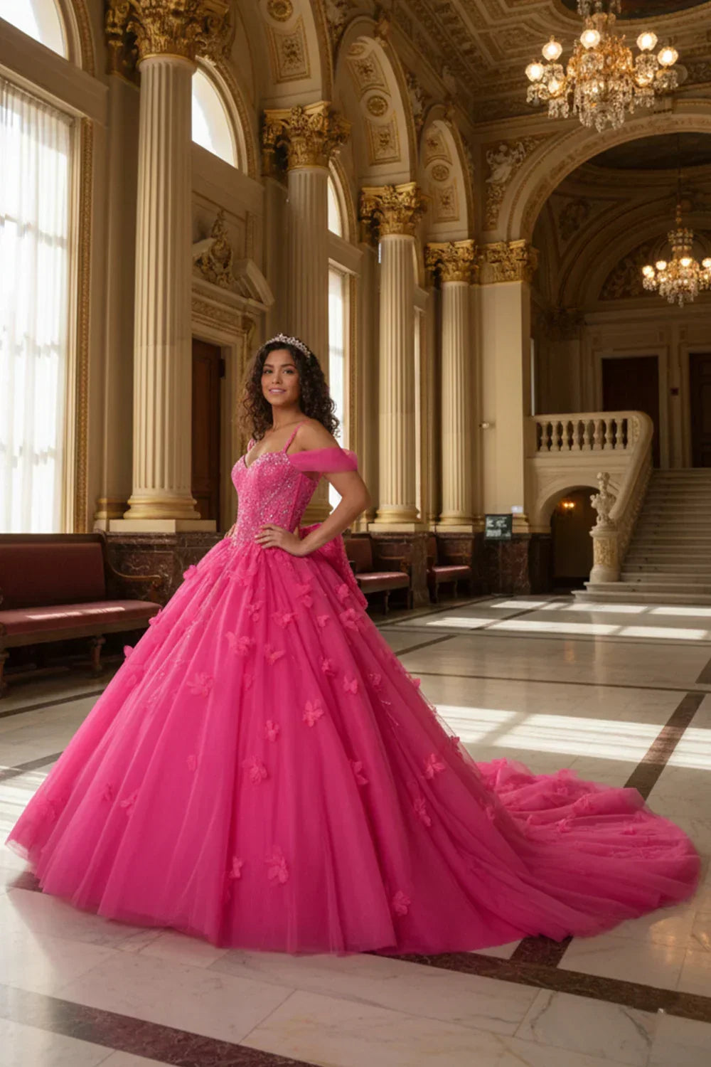 Claridad Charming Ball Gown Cold Shoulder Quinceañera Dress With 3D Floral and Lace in Hot Pink, front view