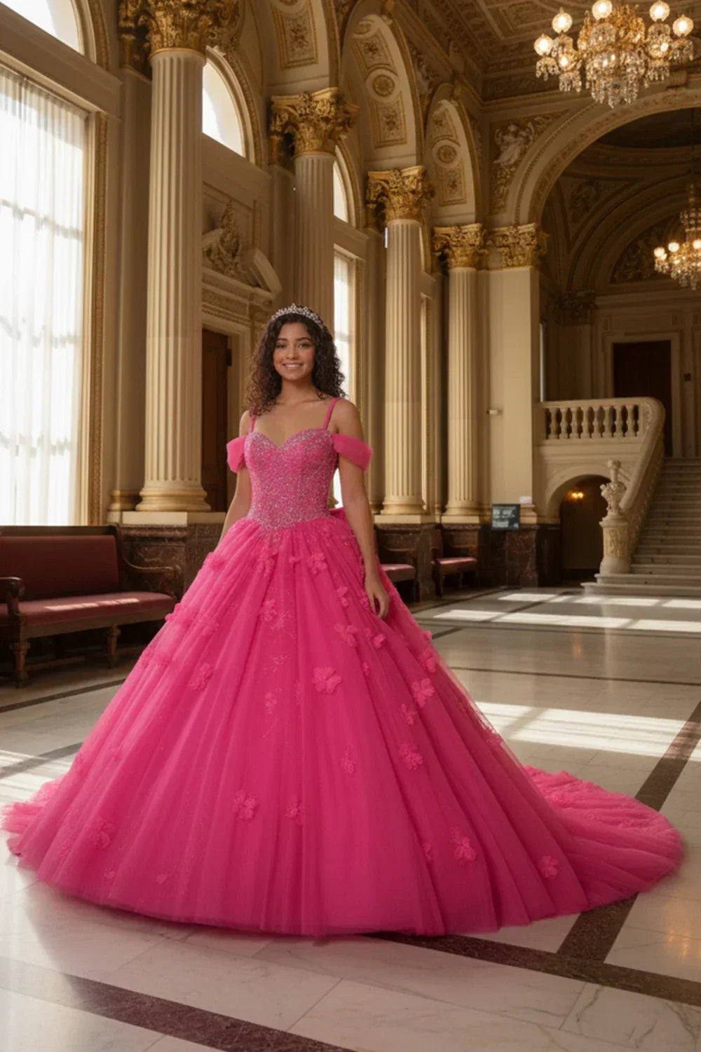 Claridad Charming Ball Gown Cold Shoulder Quinceañera Dress With 3D Floral and Lace in Hot Pink, front view