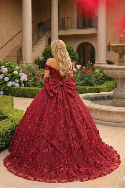 Gardenia Charming Ball Gown Cold Shoulder Quinceañera Dress With Floral Lace and Bow in Red, back view
