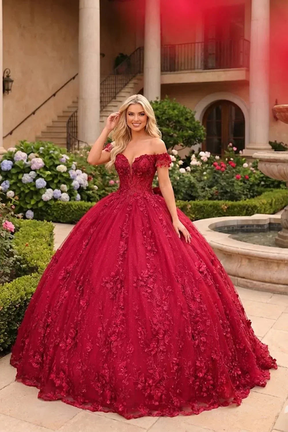 Gardenia Charming Ball Gown Cold Shoulder Quinceañera Dress With Floral Lace and Bow in Red, front view