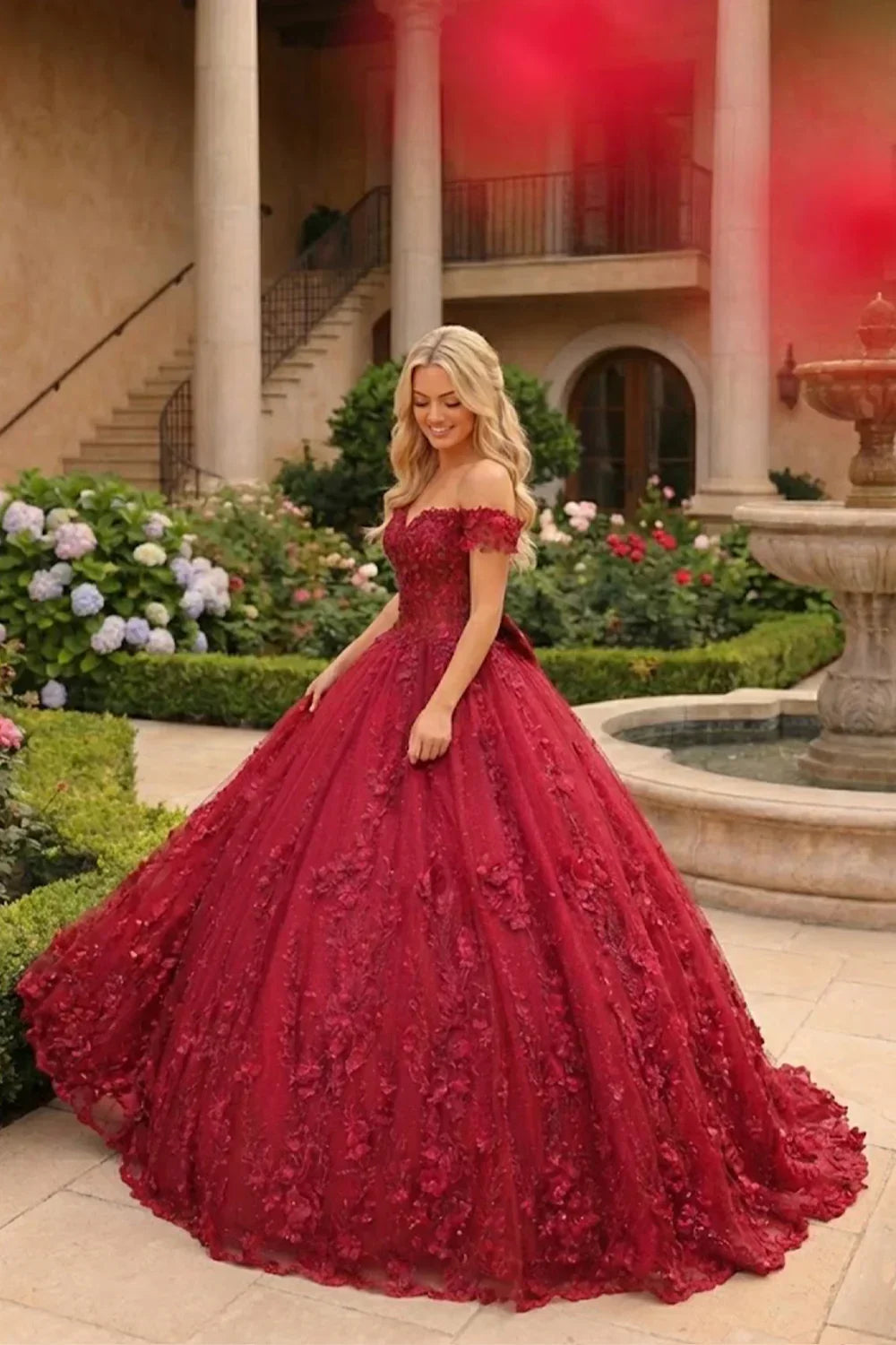 Gardenia Charming Ball Gown Cold Shoulder Quinceañera Dress With Floral Lace and Bow in Red, side view