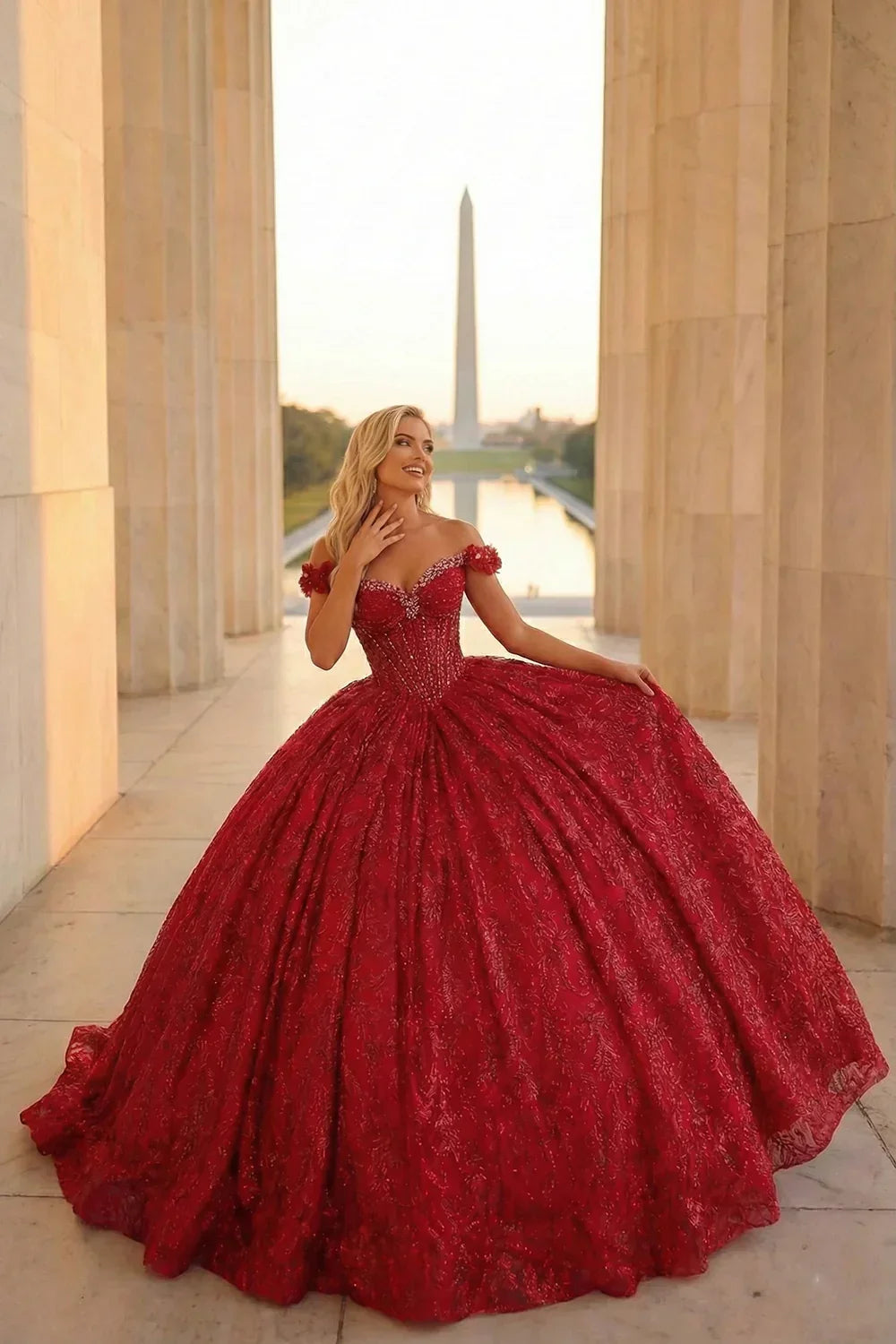 Emilia Charming Ball Gown Cold Shoulder Quinceañera Dress With Gold Accents and Bow in Red, front view