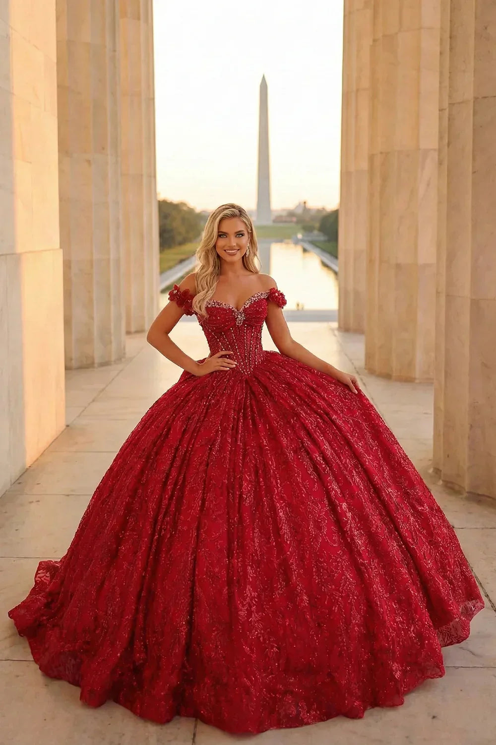 Emilia Charming Ball Gown Cold Shoulder Quinceañera Dress With Gold Accents and Bow in Red, front view