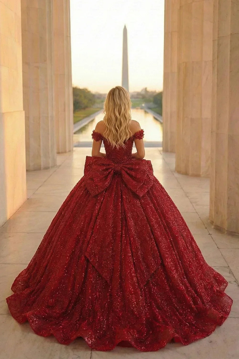 Emilia Charming Ball Gown Cold Shoulder Quinceañera Dress With Gold Accents and Bow in Red, back view