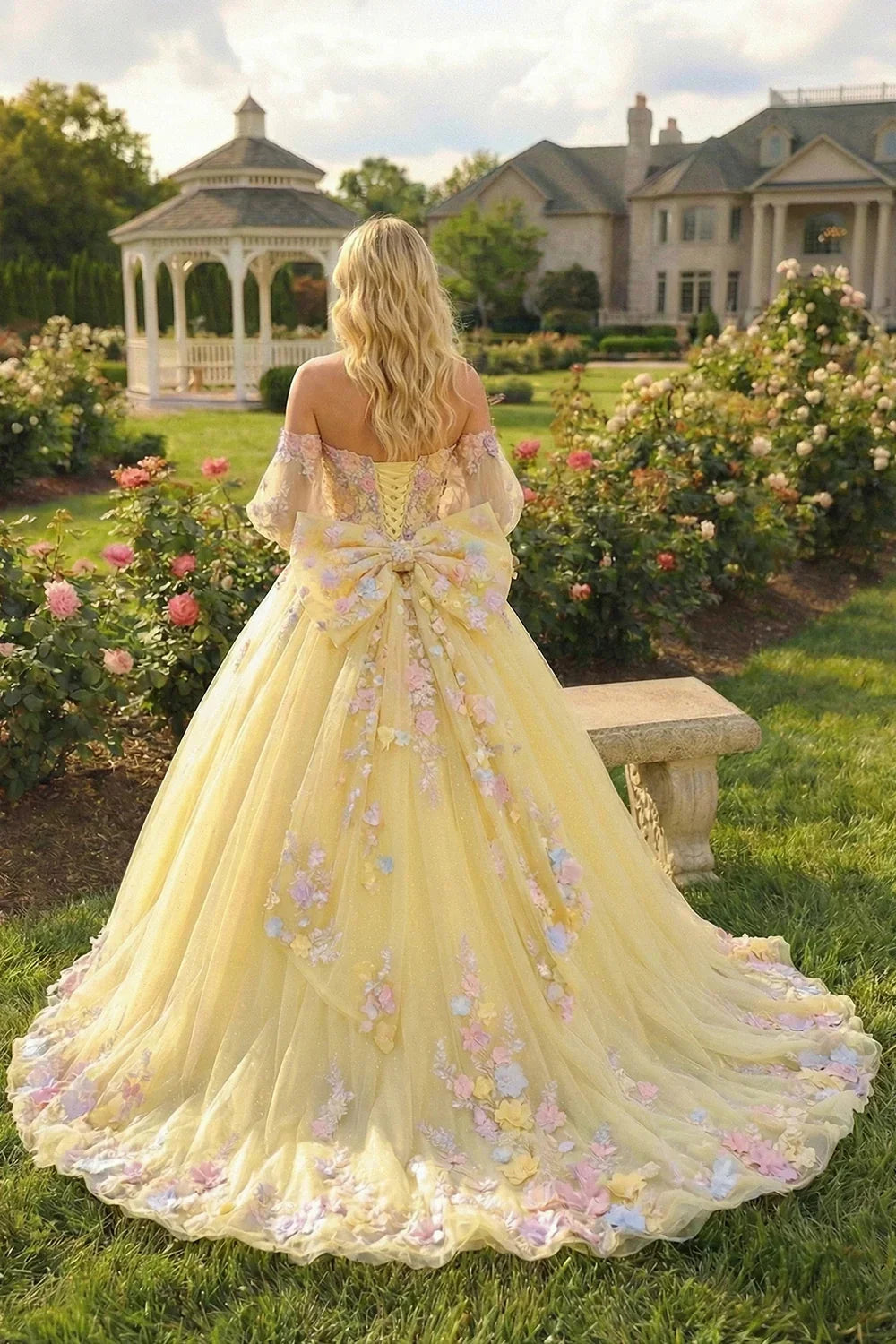 Belinda Charming Ball Gown Cold Shoulder With Sheer Long Sleeve Quinceañera Dress With Floral Lace in Yellow - product view
