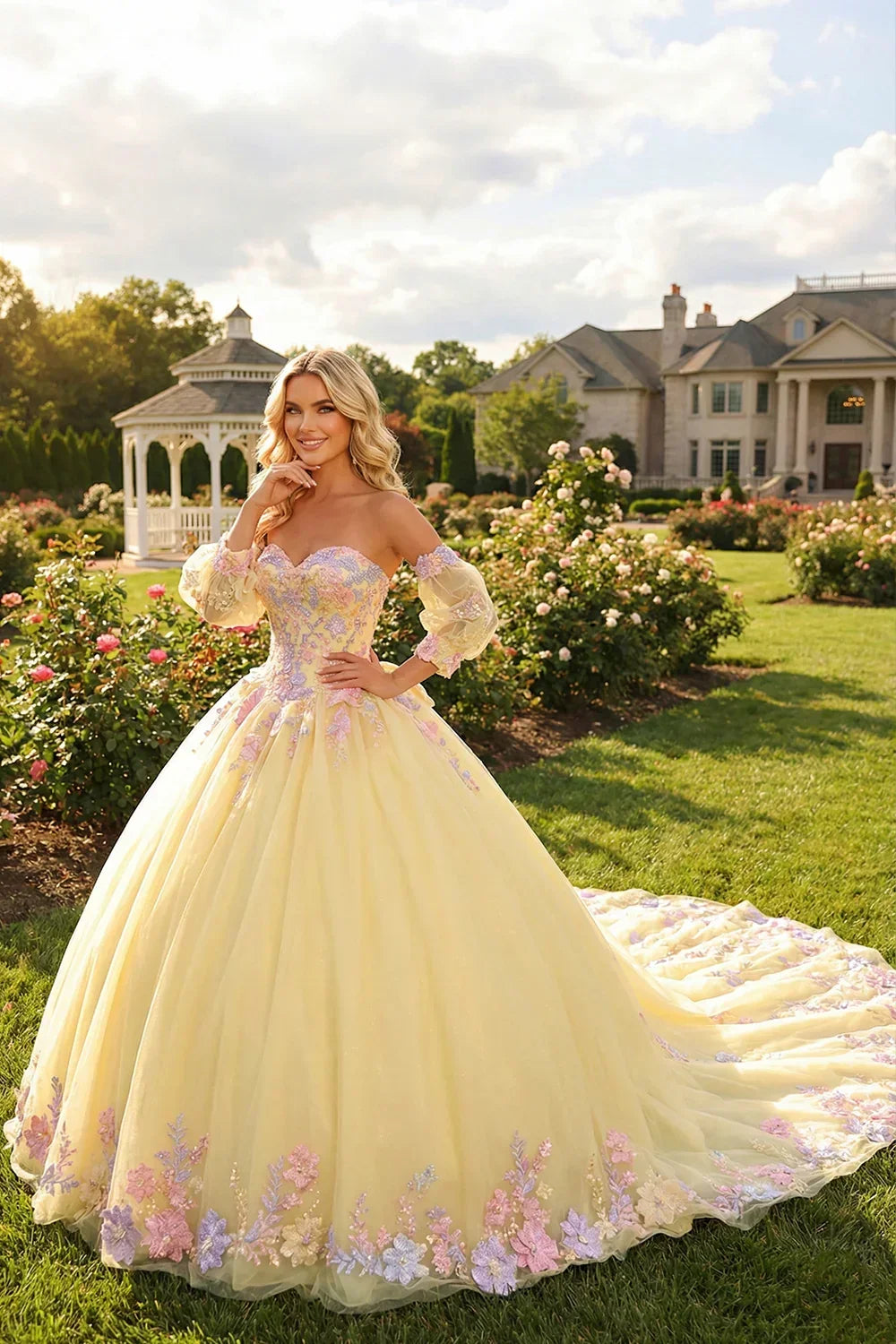 Belinda Charming Ball Gown Cold Shoulder With Sheer Long Sleeve Quinceañera Dress With Floral Lace in Yellow - product view