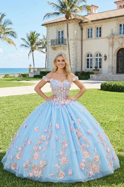 Woman in blue ball gown with pink 3D floral lace, tiara, outdoors by elegant mansion