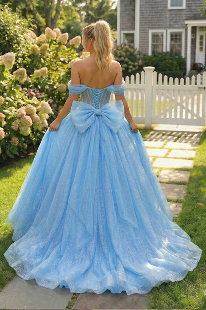 Reina Charming Ball Gown Illusion Quinceañera Dress with bow in Blue - product view