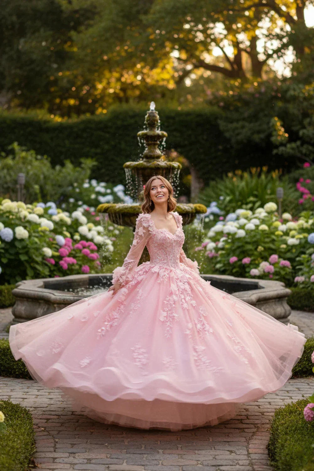 Woman in a pink long sleeve ball gown with floral lace, twirling near a garden fountain