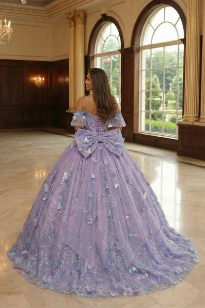 Eliana Charming Ball Gown V Neck Quinceañera Dress With 3D Butterfly and Embroidery in Lilac, back view