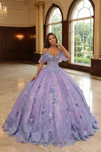 Eliana Charming Ball Gown V Neck Quinceañera Dress With 3D Butterfly and Embroidery in Lilac, front view