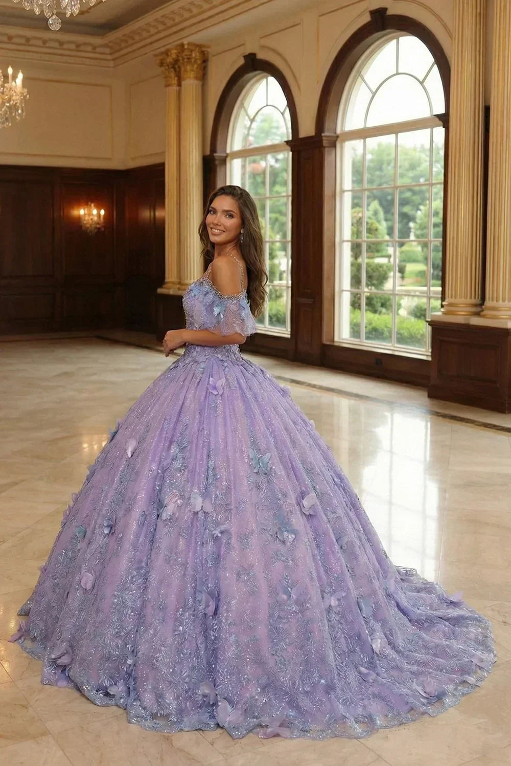 Eliana Charming Ball Gown V Neck Quinceañera Dress With 3D Butterfly and Embroidery in Lilac, side view