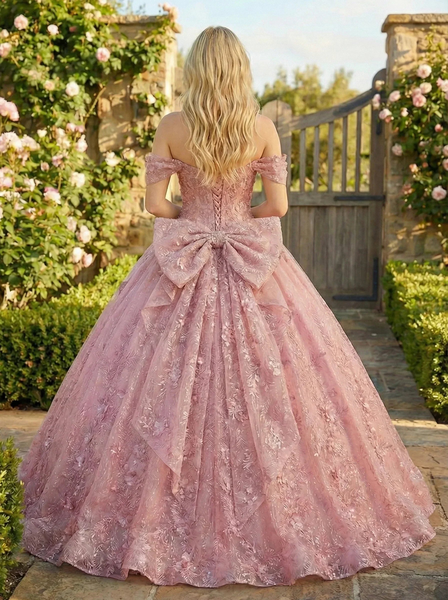 Pink off-shoulder ball gown with floral embroidery and large bow, garden setting