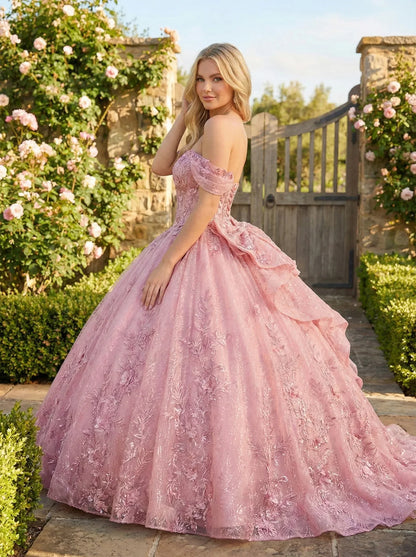 Florencia Charming Ball Gown cold shoulder Quinceañera Dress With Embroidery and Bow in Pink, side view