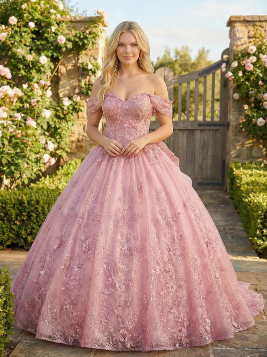 Florencia Charming Ball Gown cold shoulder Quinceañera Dress With Embroidery and Bow in Pink, front view