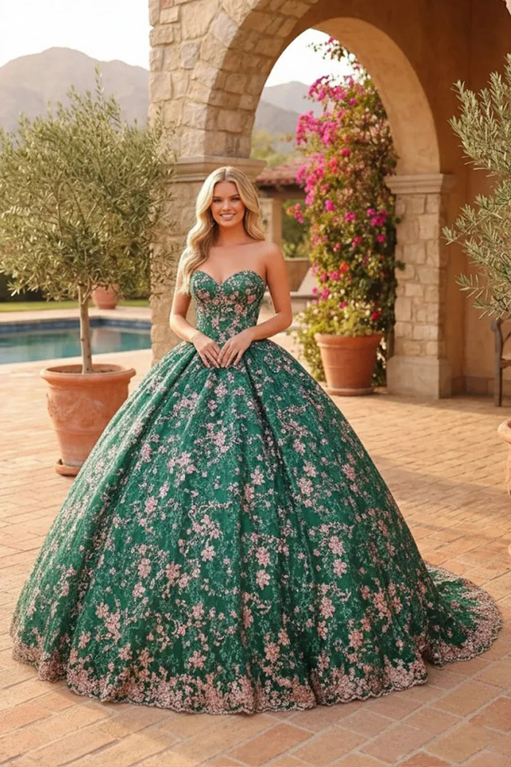 Liliana Charming Glitter Ball Gown Sleeveless Quinceañera Dress With Embroidery and Bow in Dark Green, front view