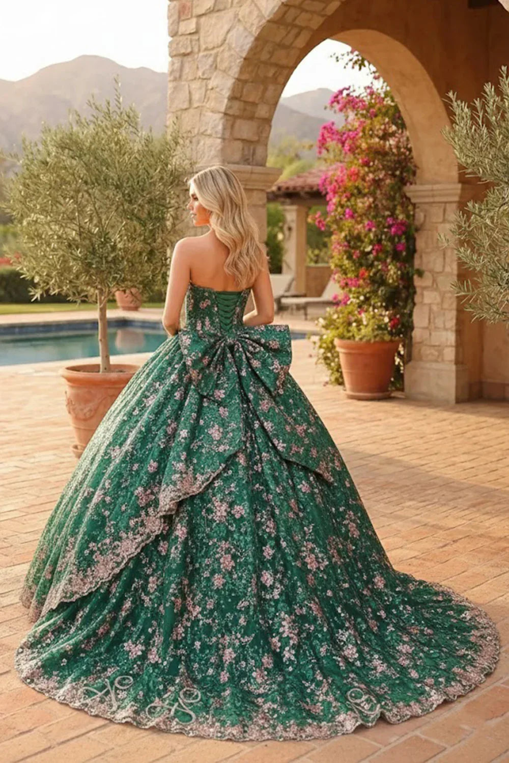 Liliana Charming Glitter Ball Gown Sleeveless Quinceañera Dress With Embroidery and Bow in Dark Green, back view