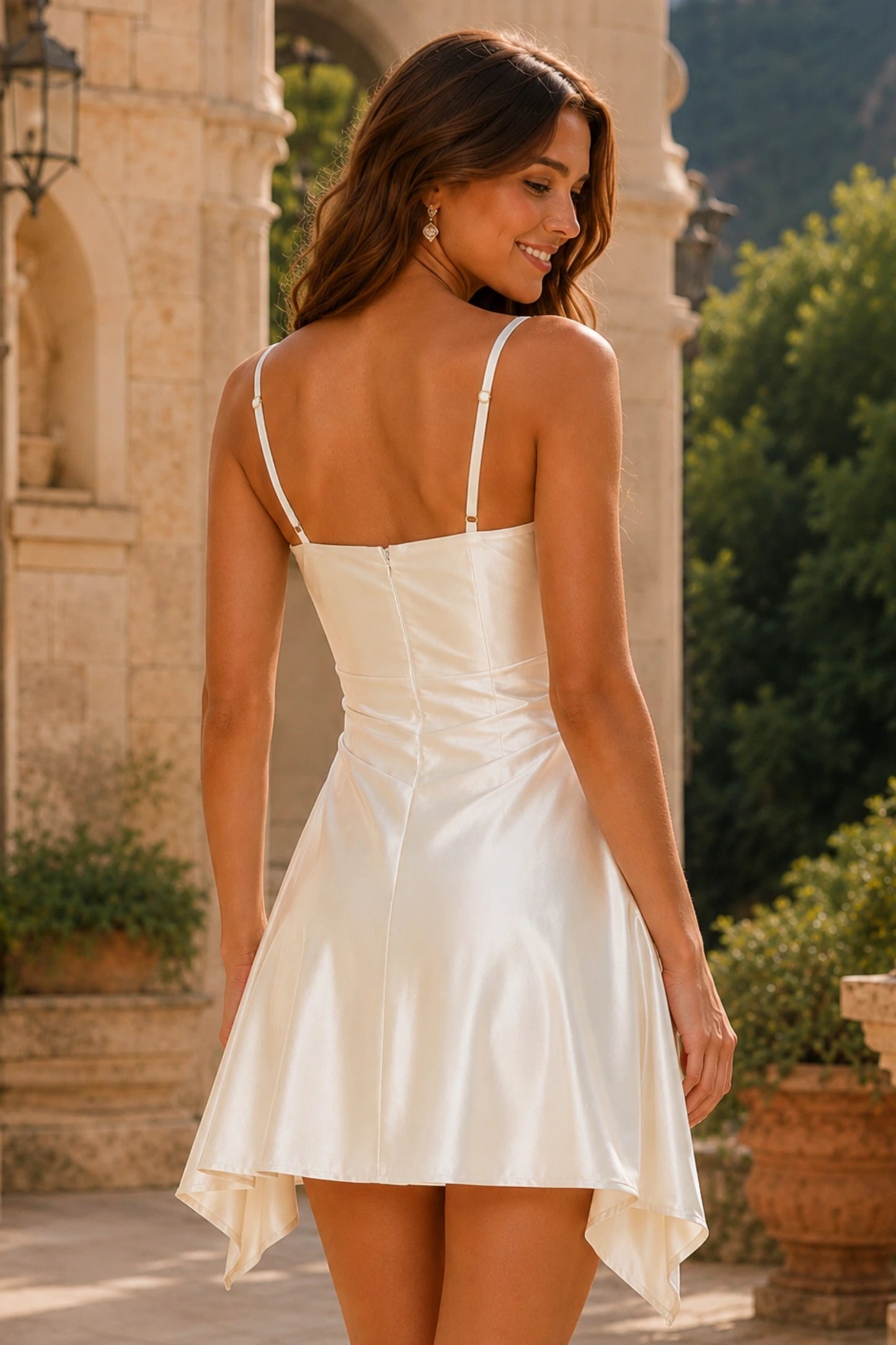 Navy Blue Spaghetti Strap Draped Handkerchief-Hem A-Line Homecoming Dress in Navy Blue - back view
