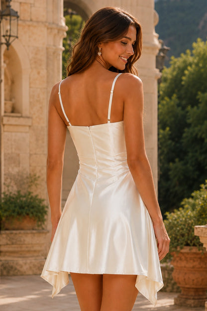Navy Blue Spaghetti Strap Draped Handkerchief-Hem A-Line Homecoming Dress in Navy Blue - back view