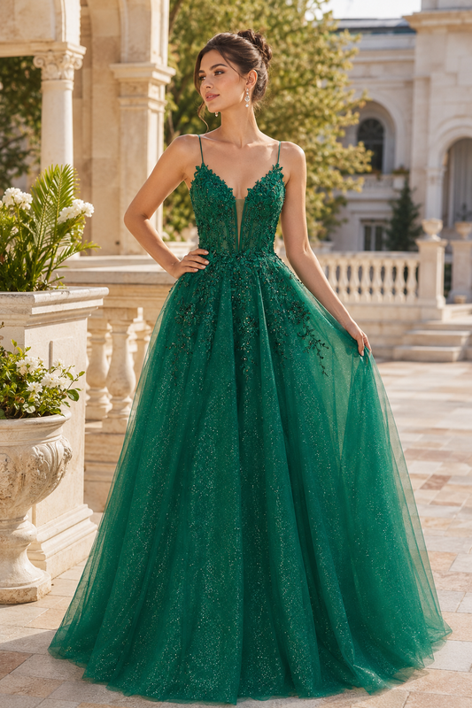 Arisette A Line V Neck Floor Length Tulle Prom Dress- Style - front view
