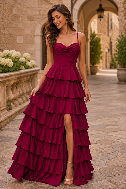 Helliane Tiered Ruffle Gown Prom Dress in Burgundy - front view