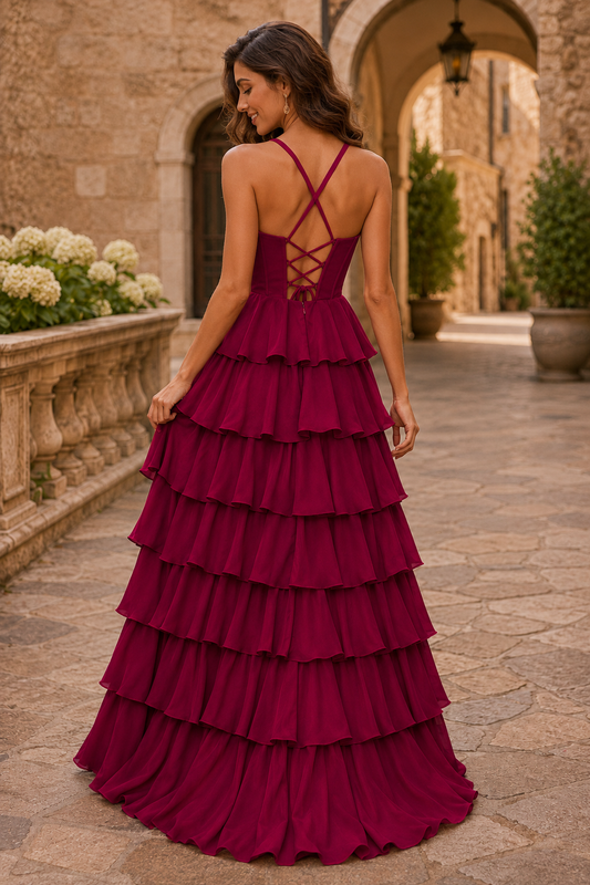 Helliane Tiered Ruffle Gown Prom Dress in Burgundy - back view
