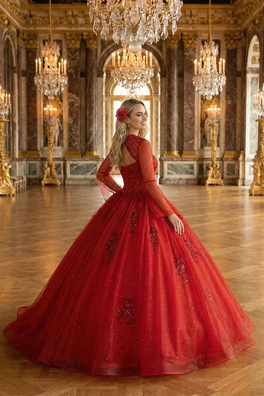 Theodora Chic High Neck Tulle Quinceañera Dress With Lace & Cut-out Back in Red, side view