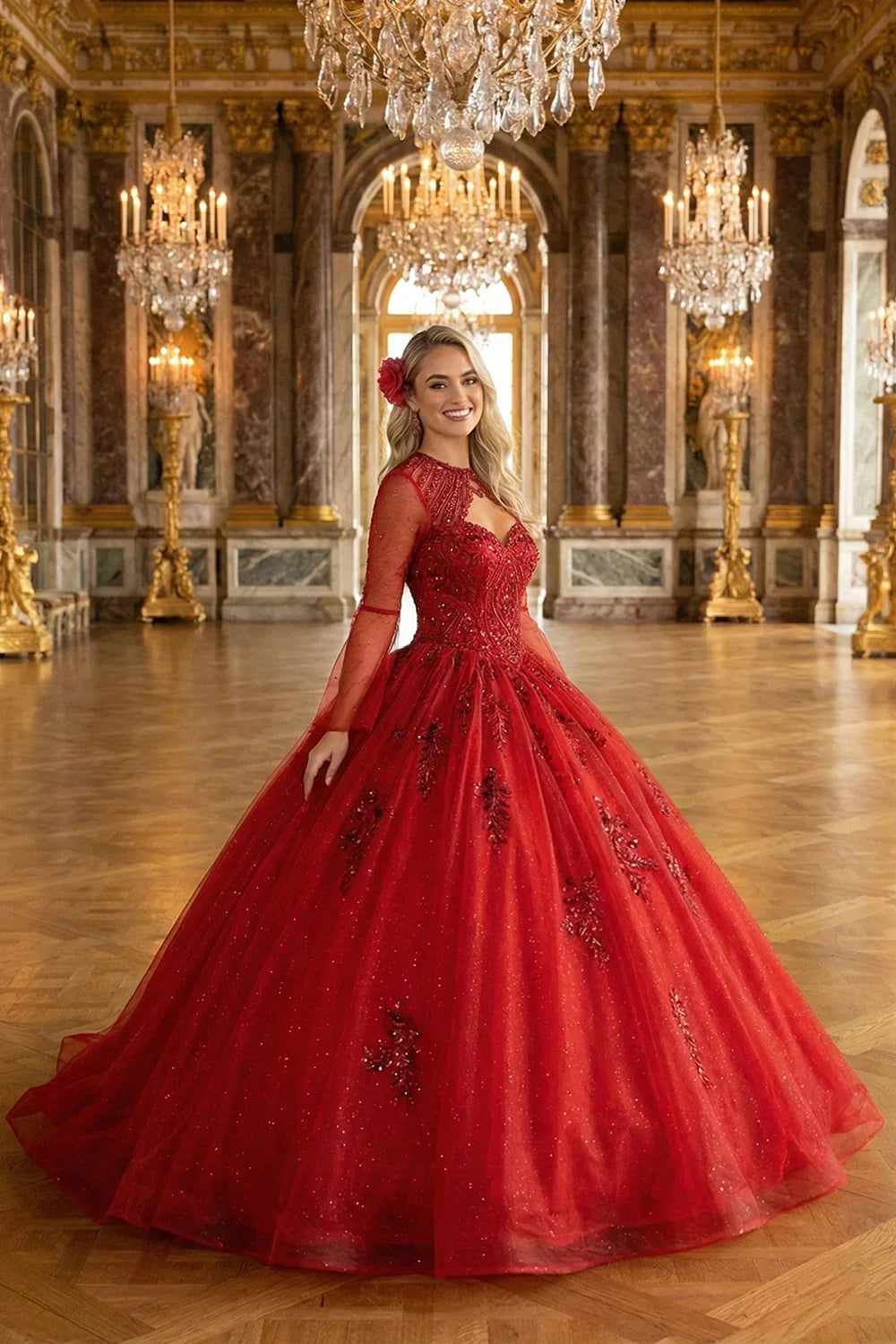 Theodora Chic High Neck Tulle Quinceañera Dress With Lace & Cut-out Back in Red, side view
