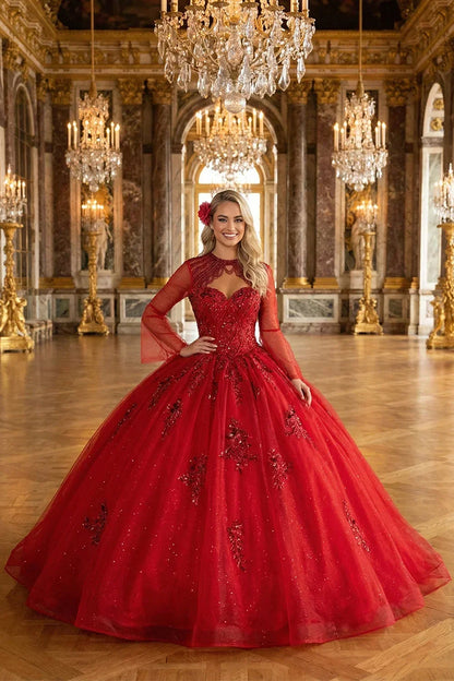 Theodora Chic High Neck Tulle Quinceañera Dress With Lace & Cut-out Back in Red, front view