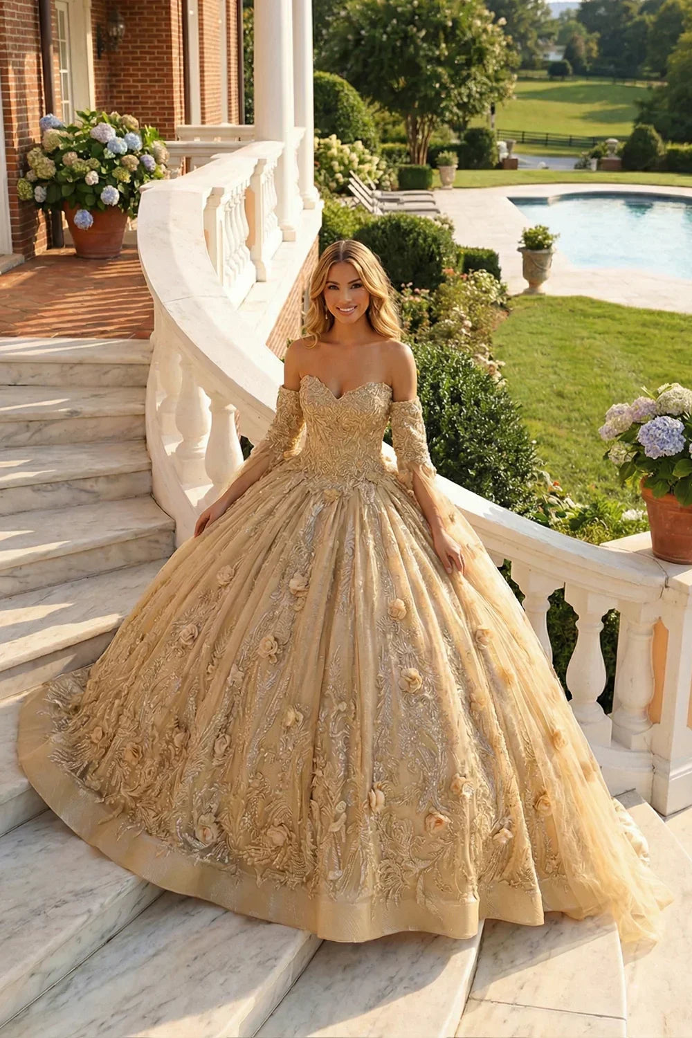 Marisol Off-the-shoulder Tulle Quinceañera Dress With 3D Floral & Glitter in Champagne - product view