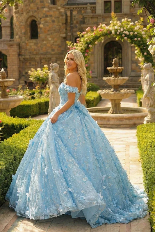 Amalia Elegant Ball Gown Cold Shoulder Quinceañera Dress With 3D Floral and Bow in Blue - product view