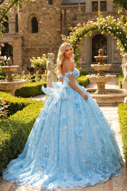 Amalia Elegant Ball Gown Cold Shoulder Quinceañera Dress With 3D Floral and Bow in Blue - product view
