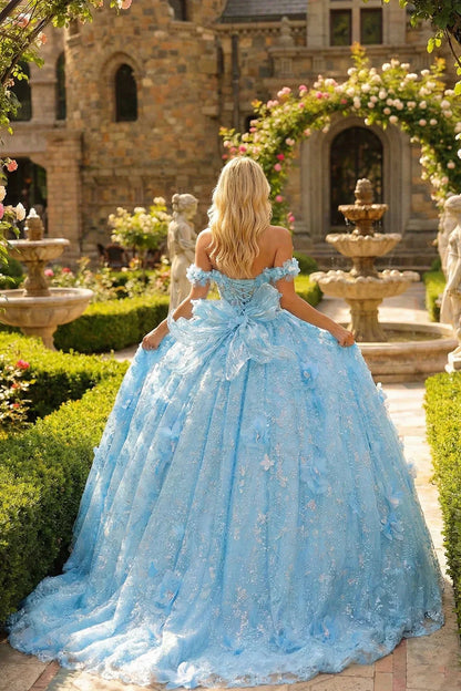 Amalia Elegant Ball Gown Cold Shoulder Quinceañera Dress With 3D Floral and Bow in Blue - product view