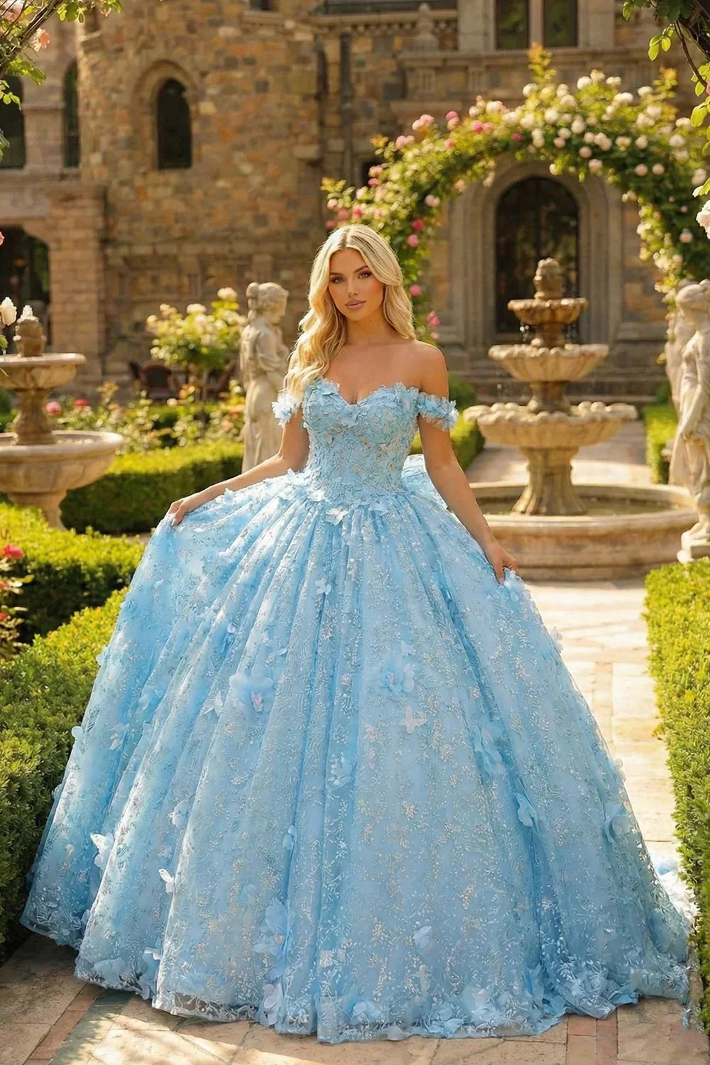 Amalia Elegant Ball Gown Cold Shoulder Quinceañera Dress With 3D Floral and Bow in Blue - product view