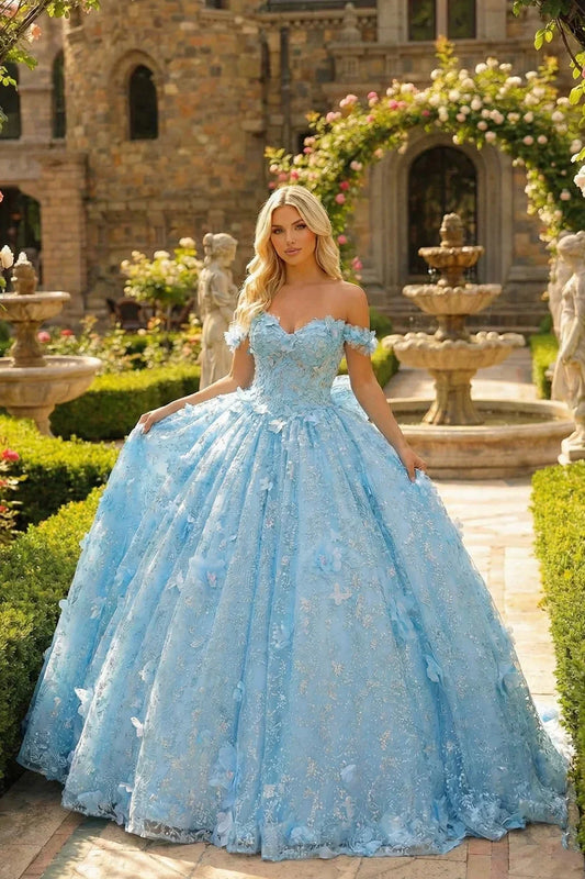 Amalia Elegant Ball Gown Cold Shoulder Quinceañera Dress With 3D Floral and Bow in Blue - product view