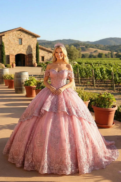 Jacinta Elegant Ball Gown Cold Shoulder Quinceañera Dress With Floral Appliqued and bow in Pink - product view