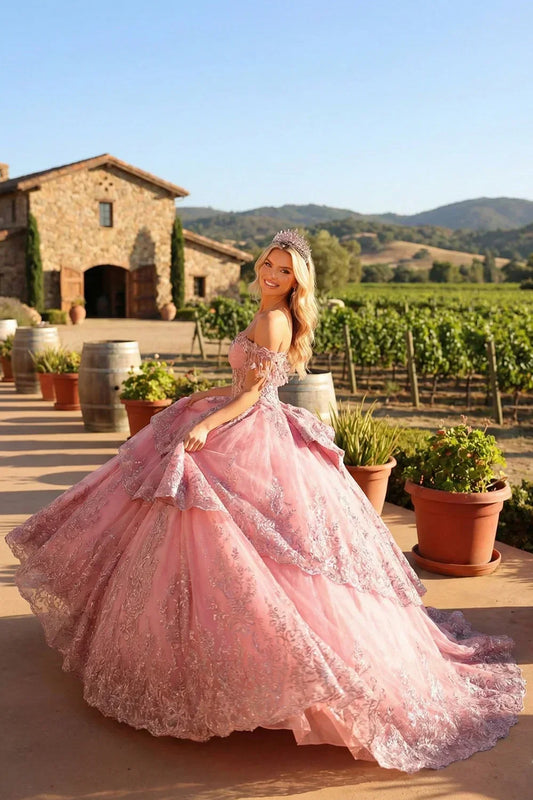 Jacinta Elegant Ball Gown Cold Shoulder Quinceañera Dress With Floral Appliqued and bow in Pink - product view